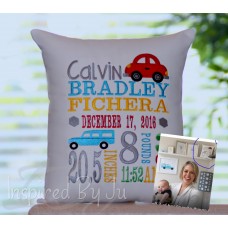 2 cars - Birth Announcement Pillow  (Today show's Dylan Dryer's son's pillow!)